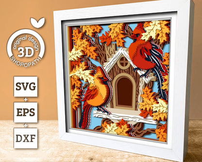 3D SVG Cardinal Couple On Birdhouse Shadow Box, 3D SVG Cardinal, Birdhouse 3D Svg, Autumn SVG, Cardinal Shadow Box Cricut Silhouette