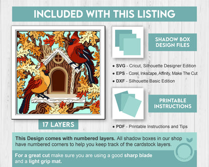 3D SVG Cardinal Couple On Birdhouse Shadow Box, 3D SVG Cardinal, Birdhouse 3D Svg, Autumn SVG, Cardinal Shadow Box Cricut Silhouette