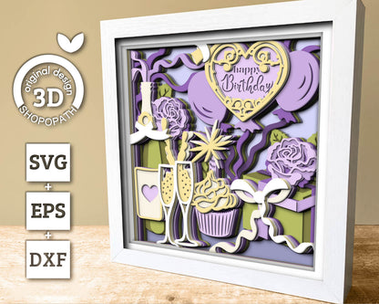 3D SVG Birthday Gifts Shadow Box SVG, 3D Happy Birthday Svg, Party Shadow Box, 3D Birthday Cake Layered Papercut svg, Cricut Silhouette