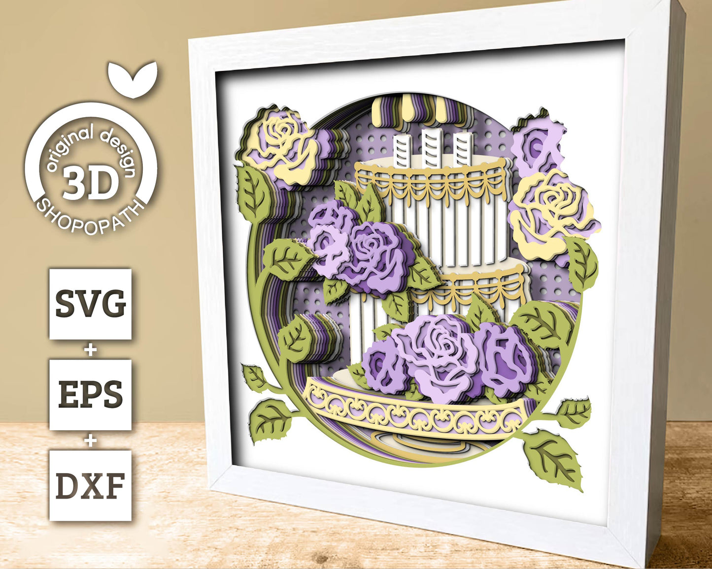 Birthday Cake with Roses Round - 3D Shadow Box Layered SVG DXF EPS (Cutting Files)