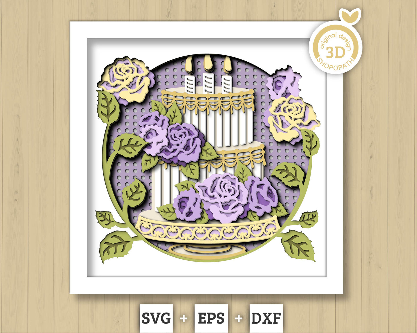 Birthday Cake with Roses Round - 3D Shadow Box Layered SVG DXF EPS (Cutting Files)