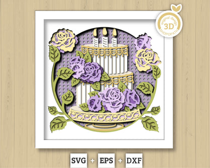 Birthday Cake with Roses Round - 3D Shadow Box Layered SVG DXF EPS (Cutting Files)