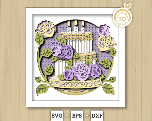 Birthday Cake with Roses Round - 3D Shadow Box Layered SVG DXF EPS (Cutting Files)