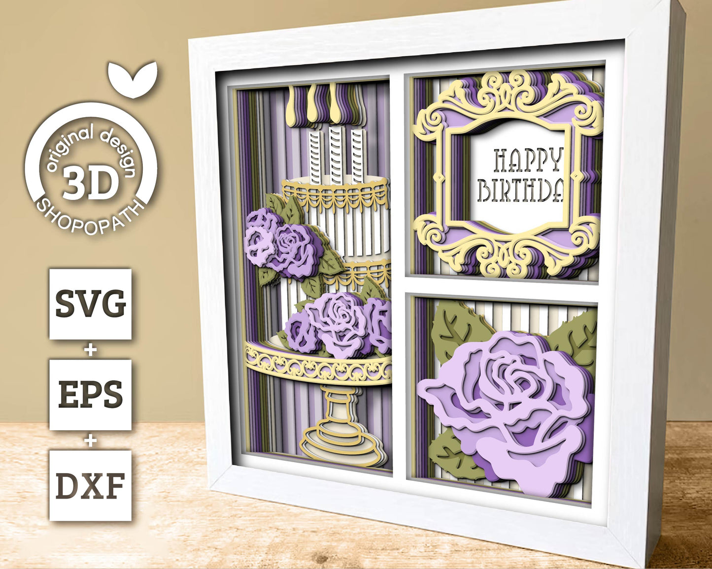 Birthday Cake with Roses Panels - 3D Shadow Box Layered SVG DXF EPS (Cutting Files)