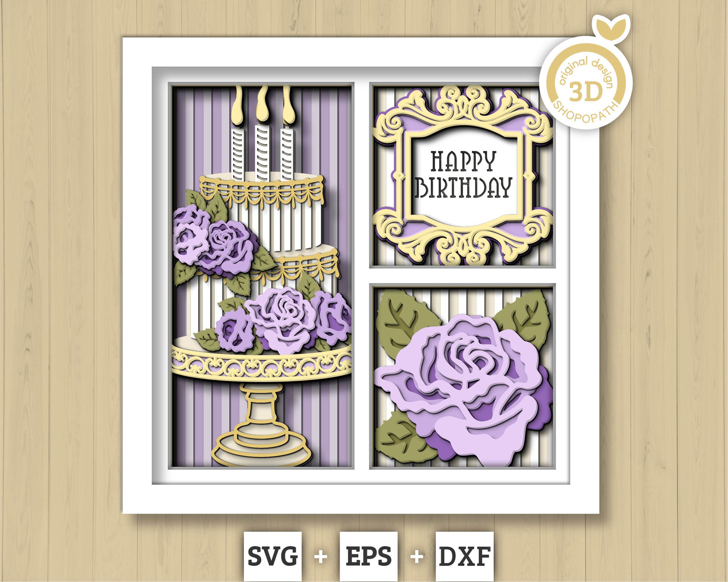 Birthday Cake with Roses Panels - 3D Shadow Box Layered SVG DXF EPS (Cutting Files)