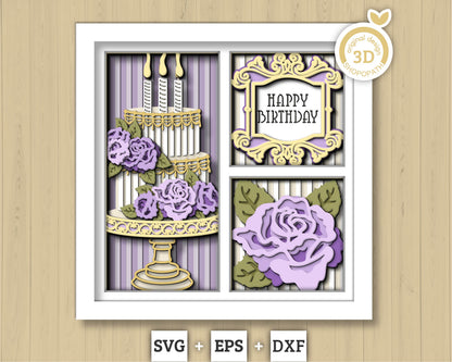Birthday Cake with Roses Panels - 3D Shadow Box Layered SVG DXF EPS (Cutting Files)