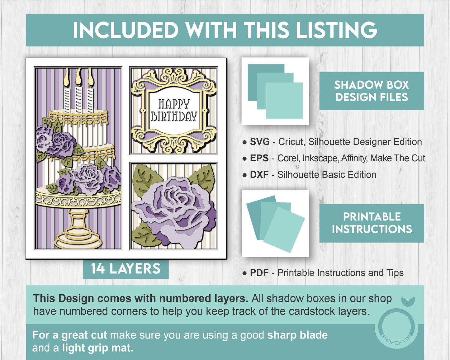 Birthday Cake with Roses Panels - 3D Shadow Box Layered SVG DXF EPS (Cutting Files)