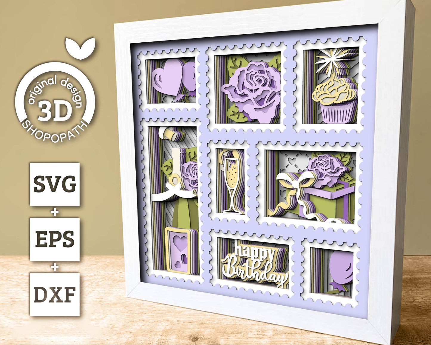 Birthday Stamps with Roses - 3D Shadow Box Layered SVG DXF EPS (Cutting Files)