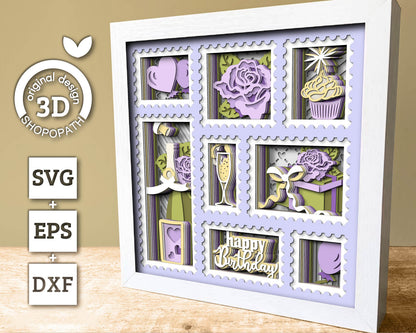 Birthday Stamps with Roses - 3D Shadow Box Layered SVG DXF EPS (Cutting Files)