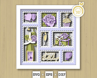 Birthday Stamps with Roses - 3D Shadow Box Layered SVG DXF EPS (Cutting Files)