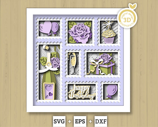 Birthday Stamps with Roses - 3D Shadow Box Layered SVG DXF EPS (Cutting Files)