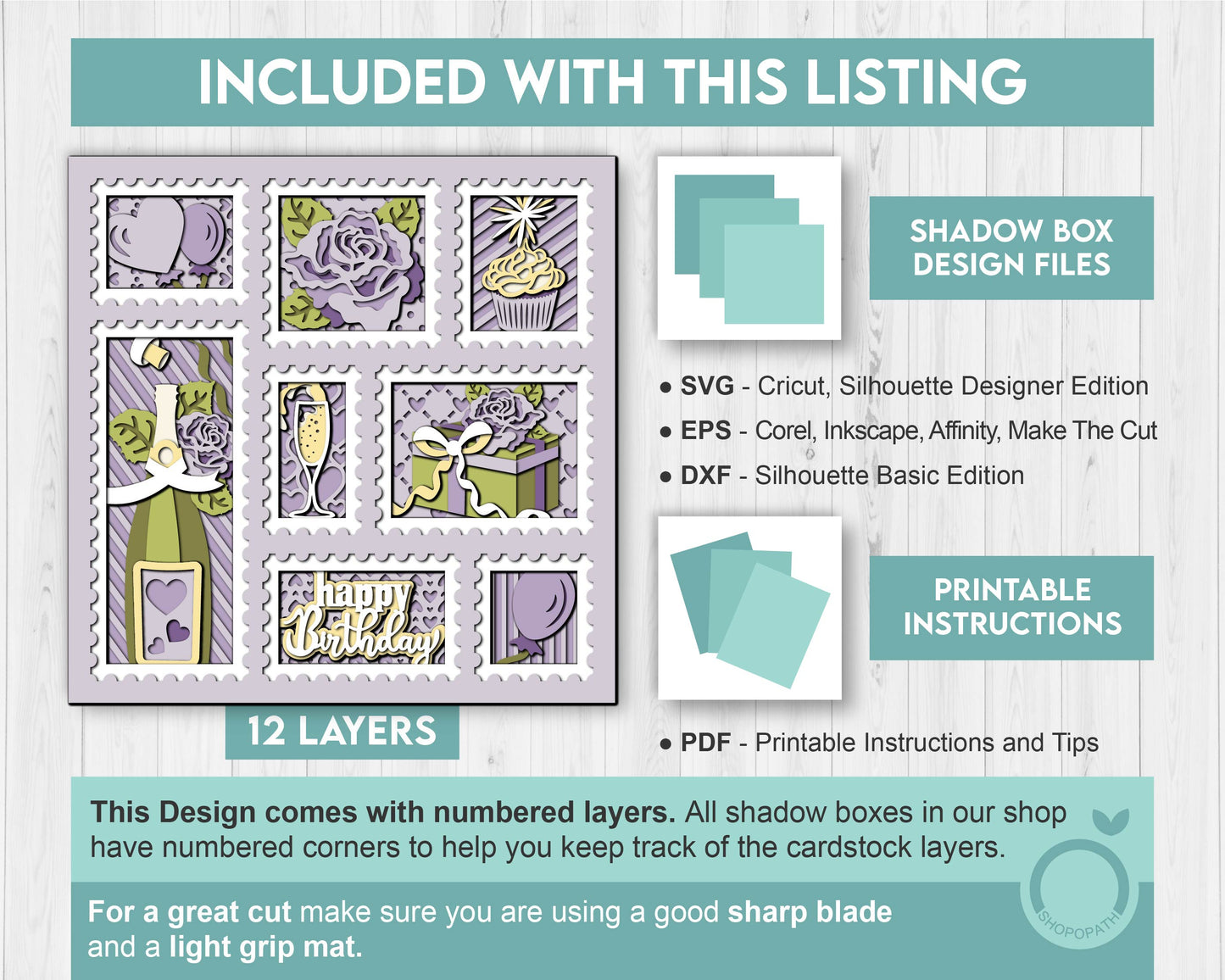 Birthday Stamps with Roses - 3D Shadow Box Layered SVG DXF EPS (Cutting Files)