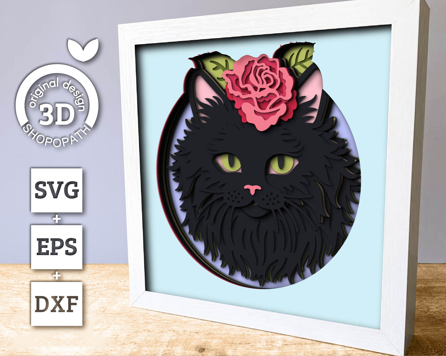 Persian Black Cat Head with Rose - 3D Shadow Box Layered SVG DXF EPS (Cutting Files)