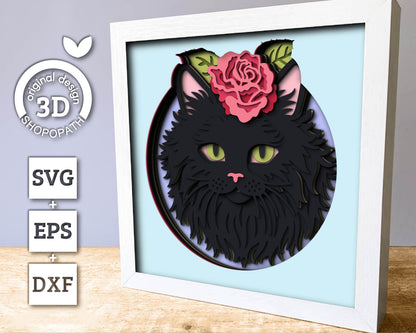 Persian Black Cat Head with Rose - 3D Shadow Box Layered SVG DXF EPS (Cutting Files)