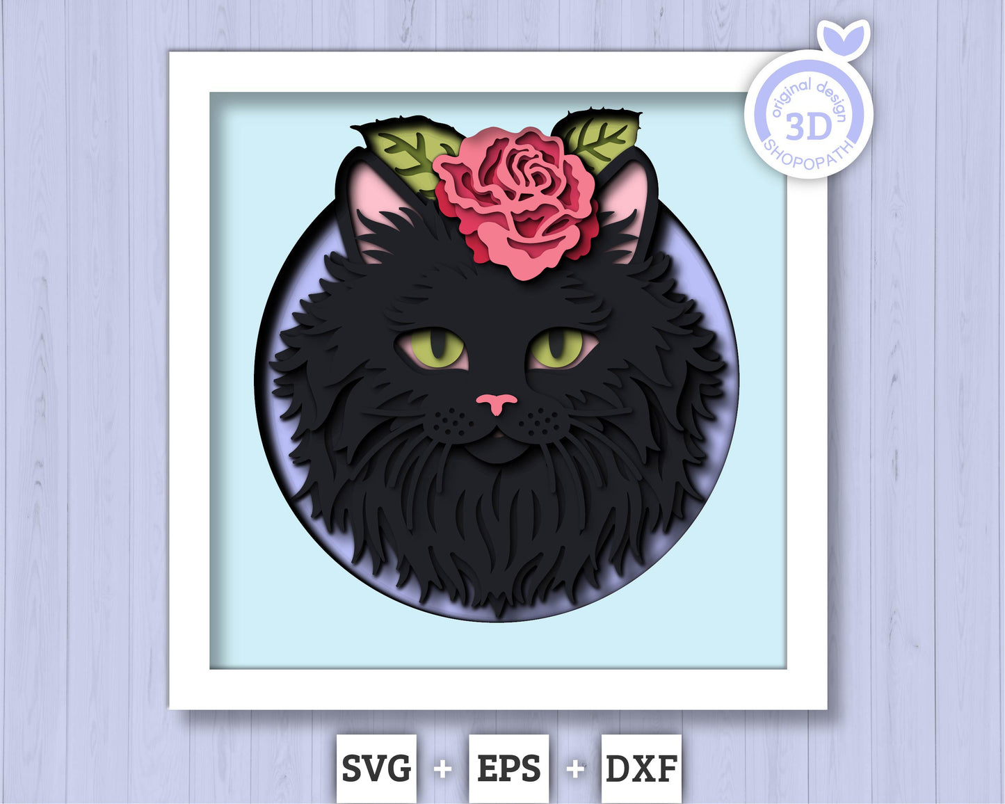 Persian Black Cat Head with Rose - 3D Shadow Box Layered SVG DXF EPS (Cutting Files)