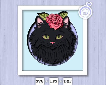 Persian Black Cat Head with Rose - 3D Shadow Box Layered SVG DXF EPS (Cutting Files)