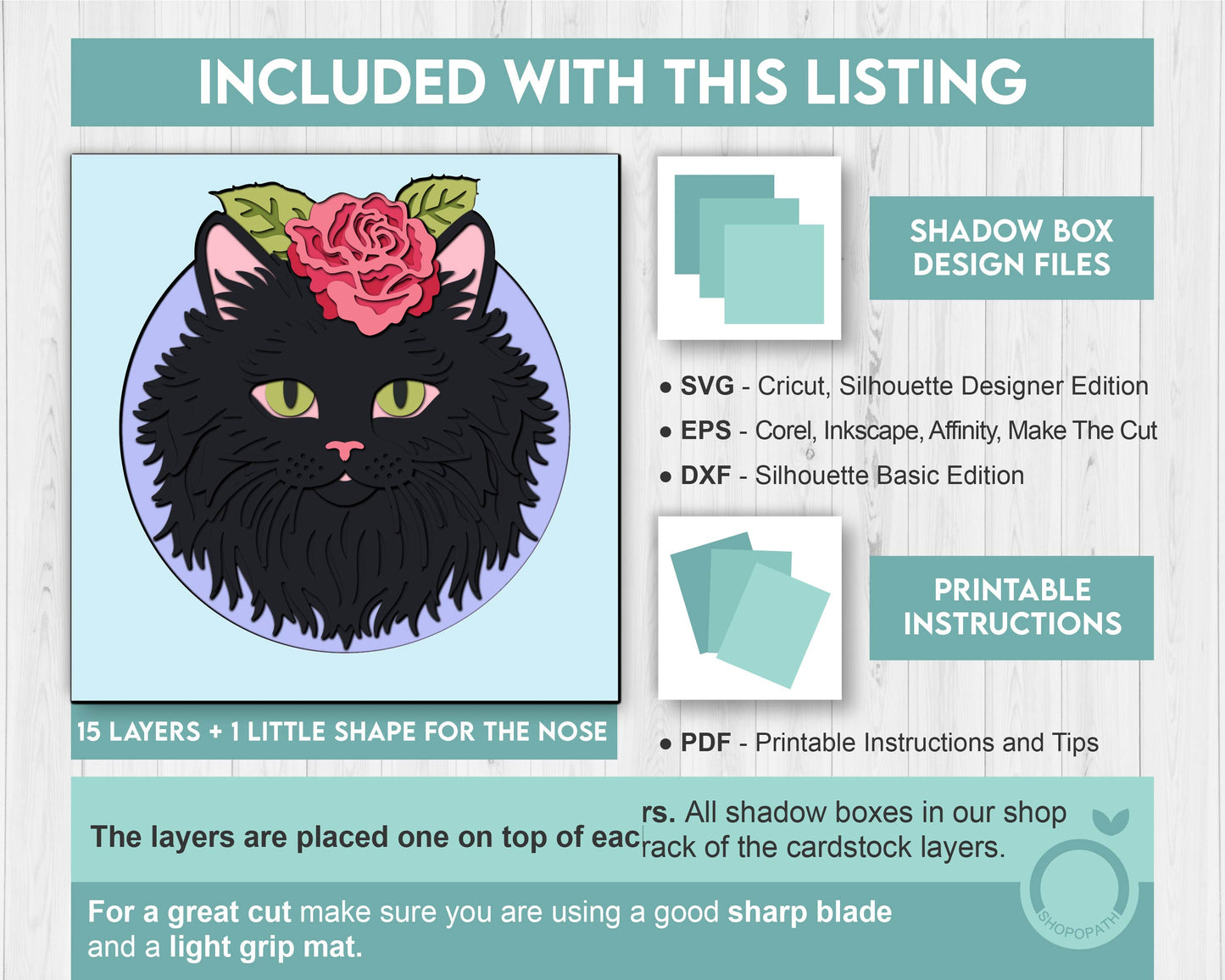 Persian Black Cat Head with Rose - 3D Shadow Box Layered SVG DXF EPS (Cutting Files)