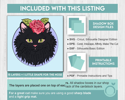 Persian Black Cat Head with Rose - 3D Shadow Box Layered SVG DXF EPS (Cutting Files)