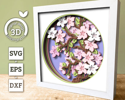 3D Cherry Blossom Branch Shadow Box SVG, 3D Spring SVG, 3D Cherry Blossom svg, Sakura Tree Flowers 3d Svg, 3D Floral SVG, Cricut Silhouette