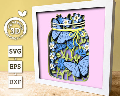 Blue Morpho Butterfly in Jar - 3D Shadow Box Layered SVG DXF EPS (Cutting Files)