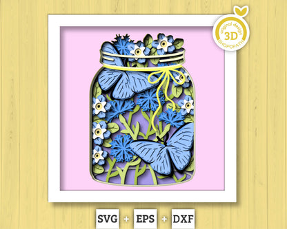 Blue Morpho Butterfly in Jar - 3D Shadow Box Layered SVG DXF EPS (Cutting Files)