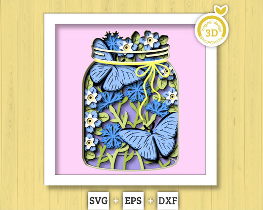 Blue Morpho Butterfly in Jar - 3D Shadow Box Layered SVG DXF EPS (Cutting Files)