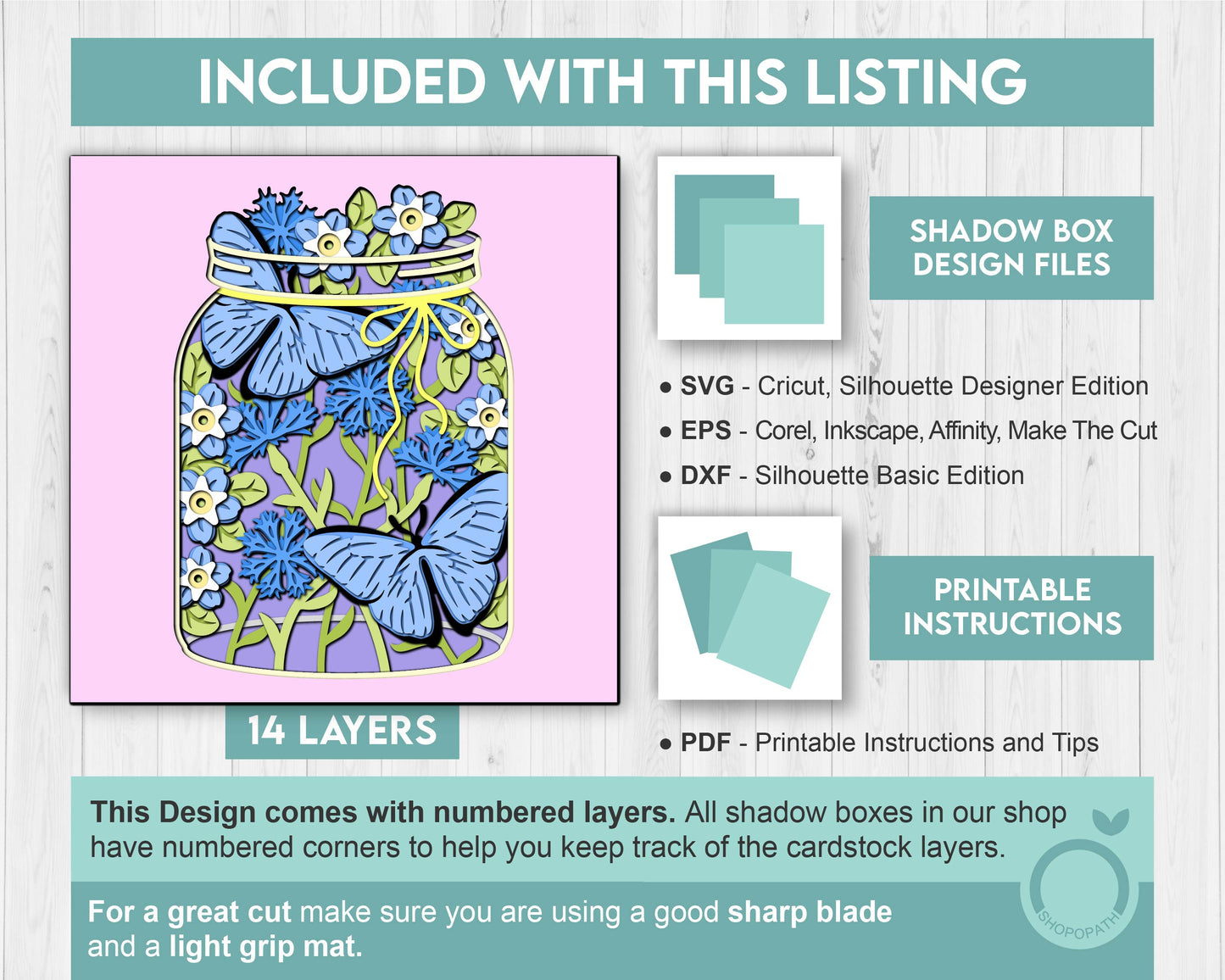 Blue Morpho Butterfly in Jar - 3D Shadow Box Layered SVG DXF EPS (Cutting Files)