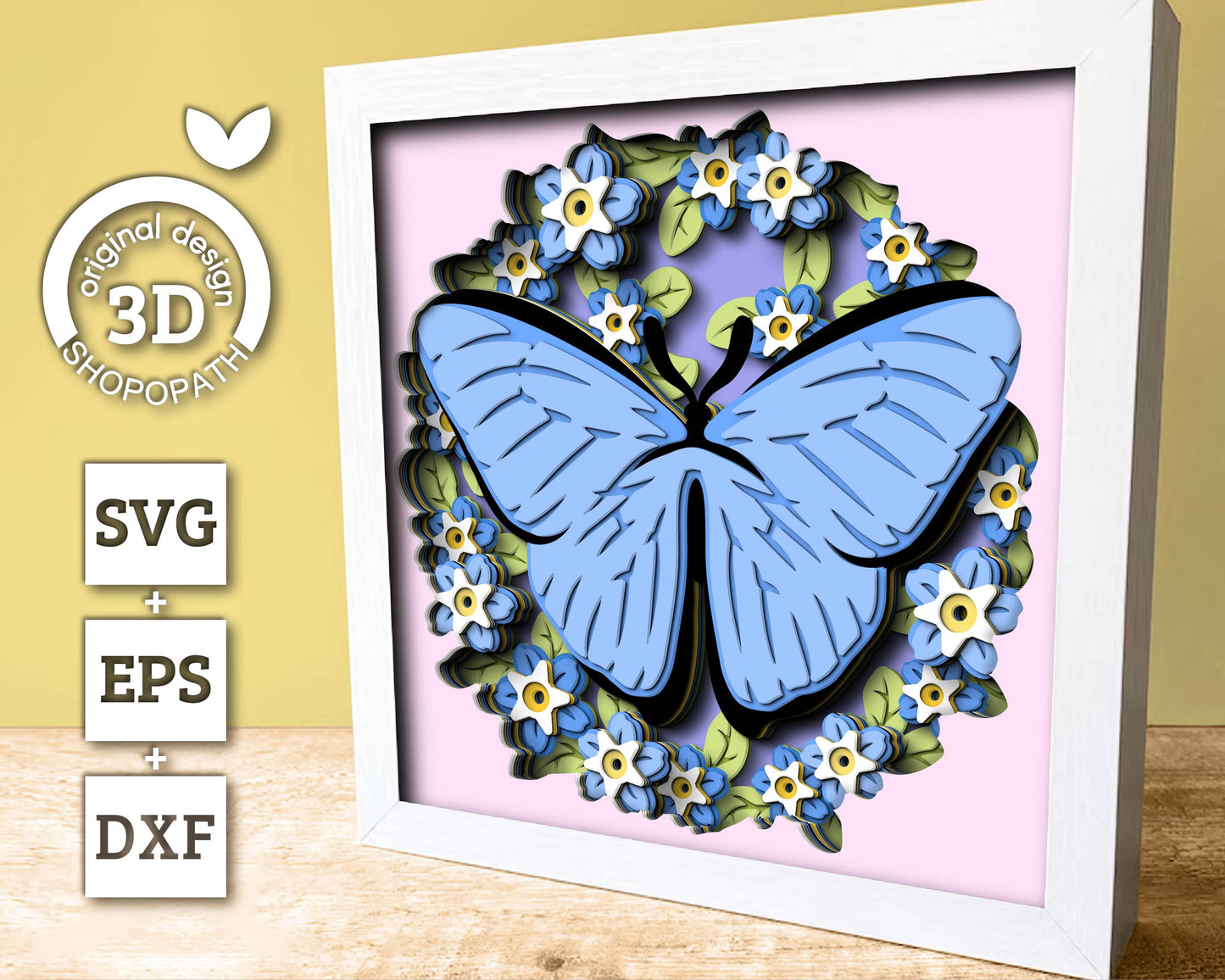 Blue Morpho Butterfly with Forget-Me-Not Flowers - 3D Shadow Box Layered SVG DXF EPS (Cutting Files)