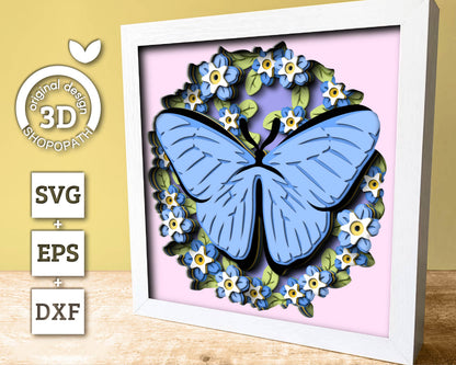 Blue Morpho Butterfly with Forget-Me-Not Flowers - 3D Shadow Box Layered SVG DXF EPS (Cutting Files)