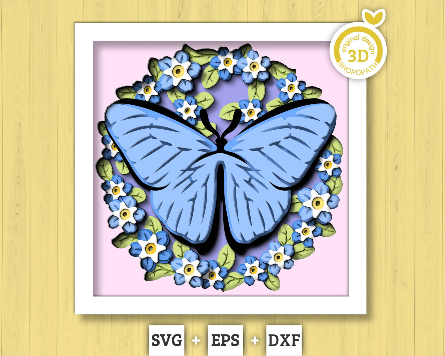 Blue Morpho Butterfly with Forget-Me-Not Flowers - 3D Shadow Box Layered SVG DXF EPS (Cutting Files)