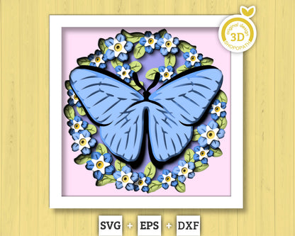 Blue Morpho Butterfly with Forget-Me-Not Flowers - 3D Shadow Box Layered SVG DXF EPS (Cutting Files)