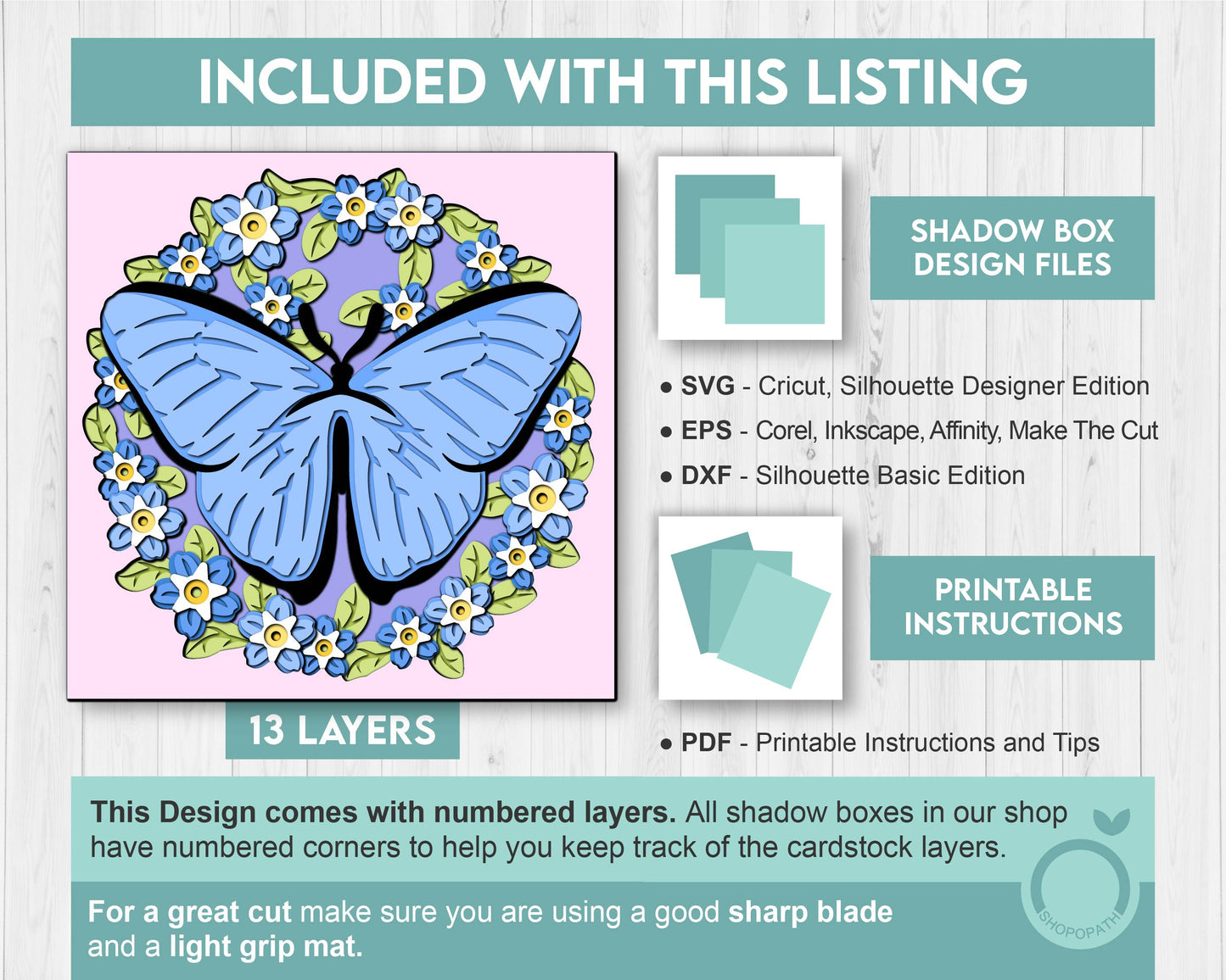 Blue Morpho Butterfly with Forget-Me-Not Flowers - 3D Shadow Box Layered SVG DXF EPS (Cutting Files)