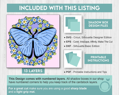 Blue Morpho Butterfly with Forget-Me-Not Flowers - 3D Shadow Box Layered SVG DXF EPS (Cutting Files)