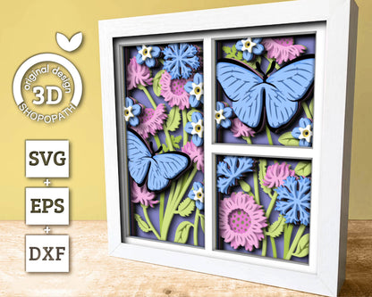 3D Butterfly Shadow Box SVG, Blue Morpho 3D Svg, Layered Wild Flowers SVG, Spring Shadow Box, 3d Svg Flowers Papercut, Cricut Silhouette