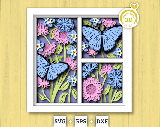 3D Butterfly Shadow Box SVG, Blue Morpho 3D Svg, Layered Wild Flowers SVG, Spring Shadow Box, 3d Svg Flowers Papercut, Cricut Silhouette