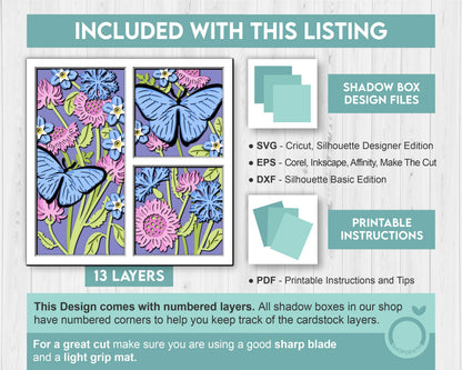 3D Butterfly Shadow Box SVG, Blue Morpho 3D Svg, Layered Wild Flowers SVG, Spring Shadow Box, 3d Svg Flowers Papercut, Cricut Silhouette