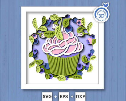3D SVG Blueberry Shadow Box SVG, Summer Cake SVG, Leaves 3D Svg, Flowers 3d svg, Spring Shadow Box, Layered Papercut svg, Cricut Silhouette