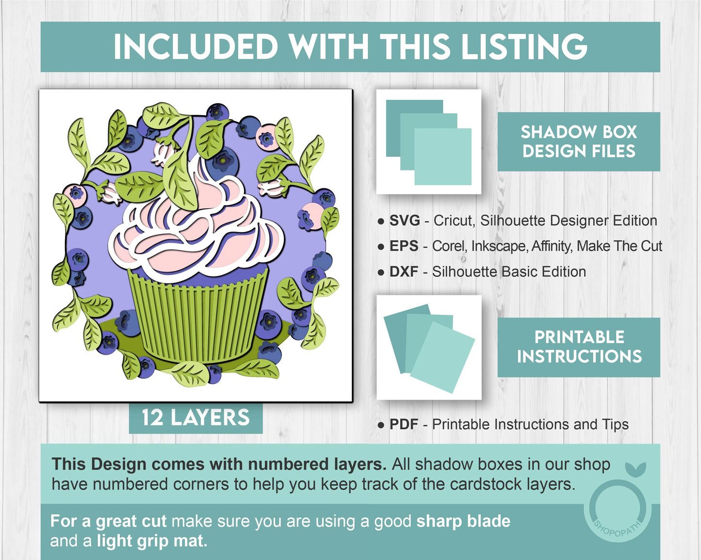 3D SVG Blueberry Shadow Box SVG, Summer Cake SVG, Leaves 3D Svg, Flowers 3d svg, Spring Shadow Box, Layered Papercut svg, Cricut Silhouette
