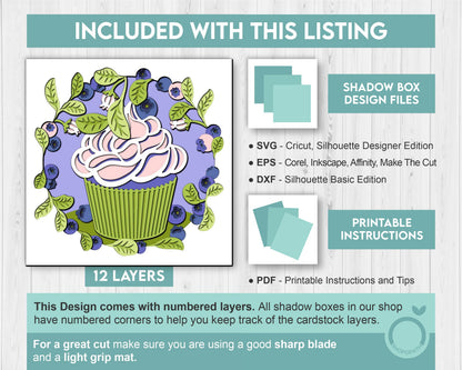 3D SVG Blueberry Shadow Box SVG, Summer Cake SVG, Leaves 3D Svg, Flowers 3d svg, Spring Shadow Box, Layered Papercut svg, Cricut Silhouette