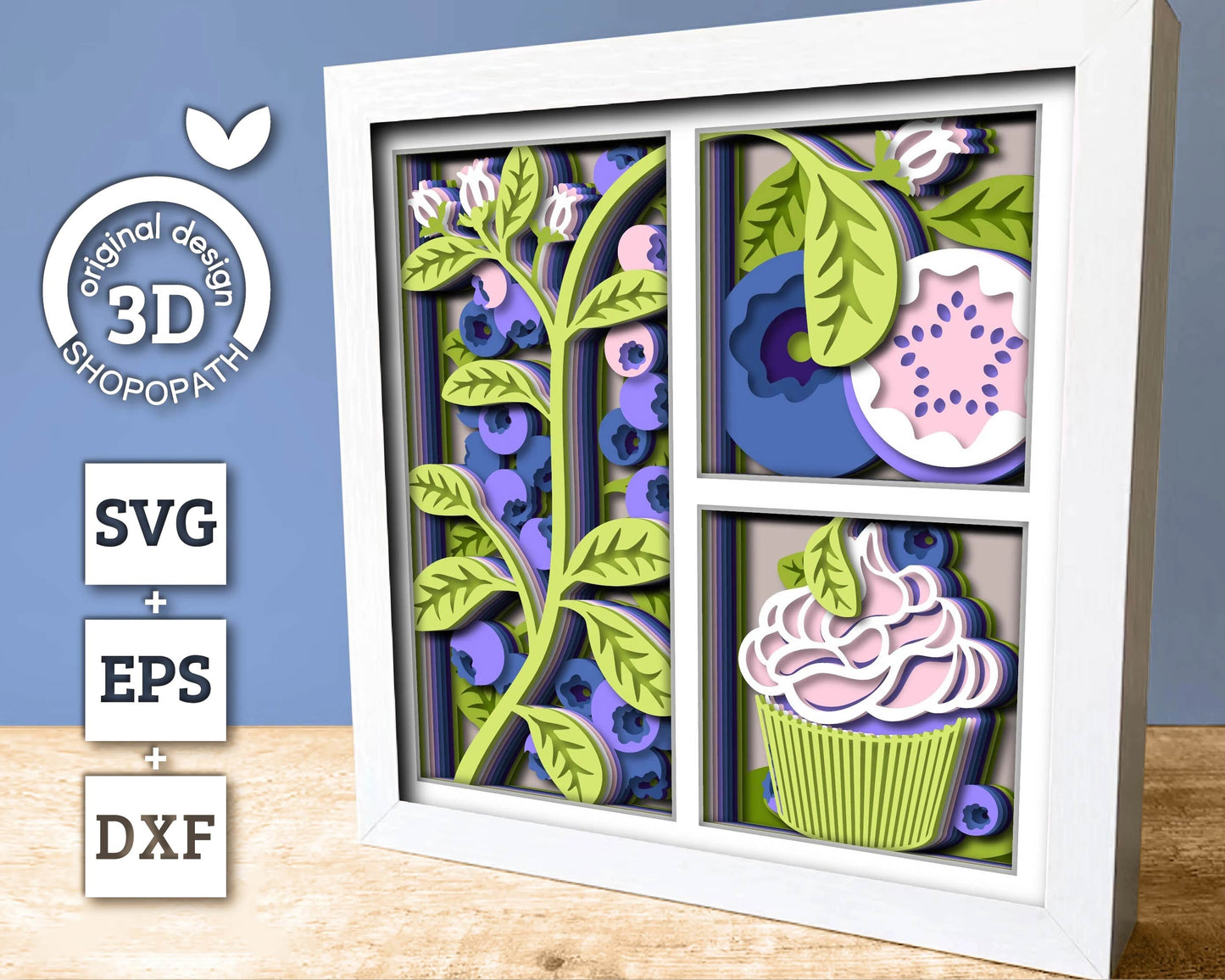 3D SVG Blueberry Shadow Box SVG, Spring Shadow Box, Leaves 3D Svg, Flowers 3d svg, Summer Cake Layered Papercut svg, Cricut Silhouette