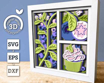 3D SVG Blueberry Shadow Box SVG, Spring Shadow Box, Leaves 3D Svg, Flowers 3d svg, Summer Cake Layered Papercut svg, Cricut Silhouette