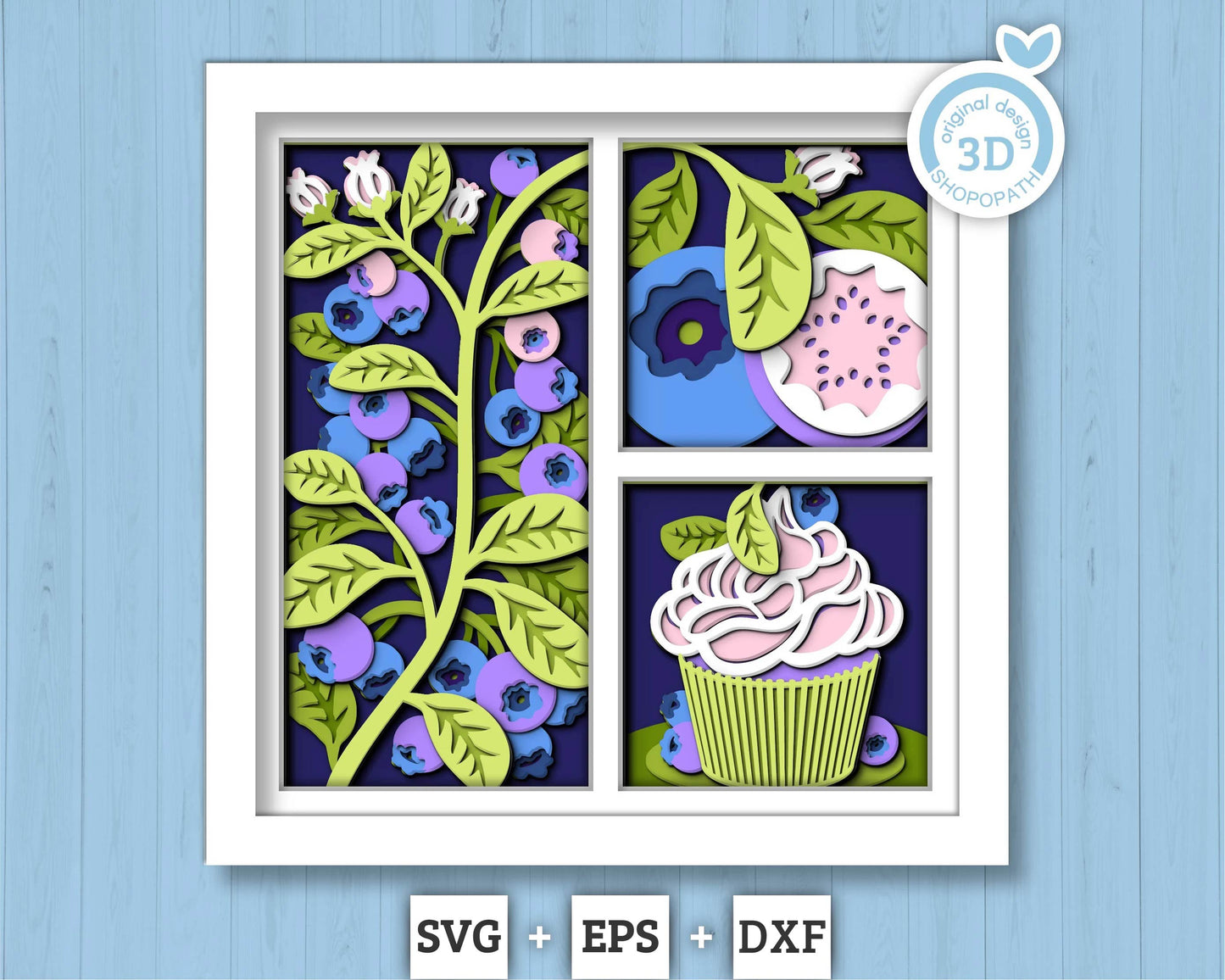 3D SVG Blueberry Shadow Box SVG, Spring Shadow Box, Leaves 3D Svg, Flowers 3d svg, Summer Cake Layered Papercut svg, Cricut Silhouette