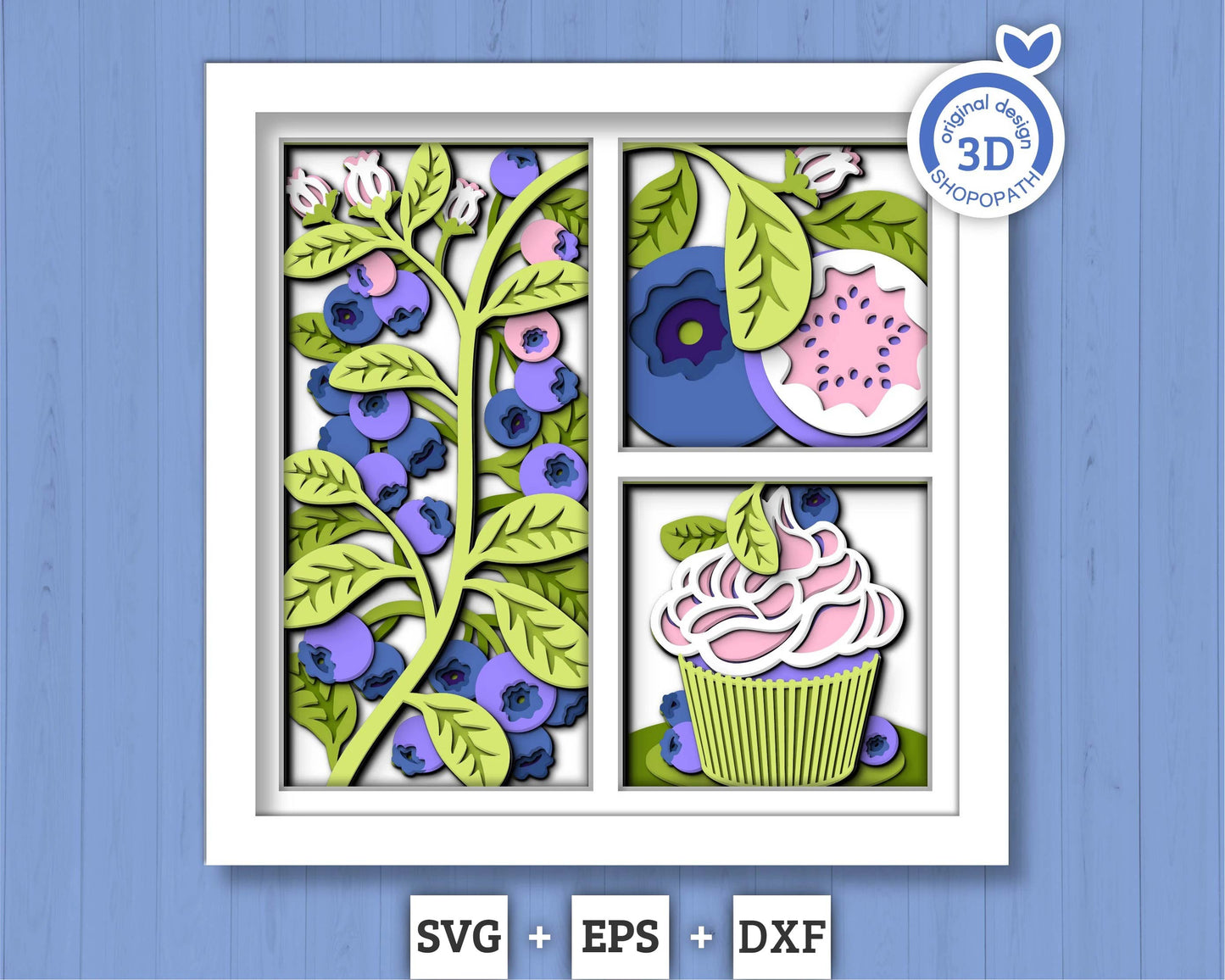 3D SVG Blueberry Shadow Box SVG, Spring Shadow Box, Leaves 3D Svg, Flowers 3d svg, Summer Cake Layered Papercut svg, Cricut Silhouette