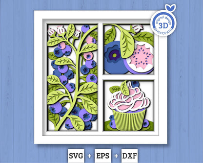 3D SVG Blueberry Shadow Box SVG, Spring Shadow Box, Leaves 3D Svg, Flowers 3d svg, Summer Cake Layered Papercut svg, Cricut Silhouette