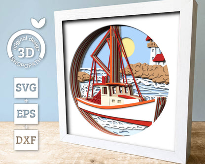 3D Boat Shadow Box SVG with Lighthouse Nautical Layered Design for Cricut and Silhouette with DXF, EPS Cutting Files