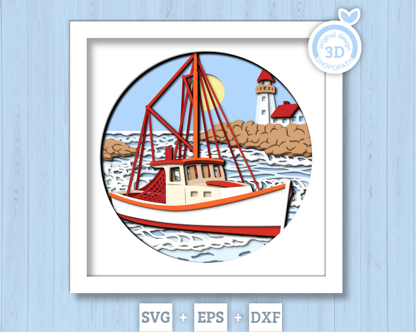 3D Boat Shadow Box SVG with Lighthouse Nautical Layered Design for Cricut and Silhouette with DXF, EPS Cutting Files