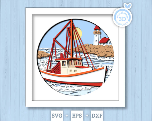 3D Boat Shadow Box SVG with Lighthouse Nautical Layered Design for Cricut and Silhouette with DXF, EPS Cutting Files