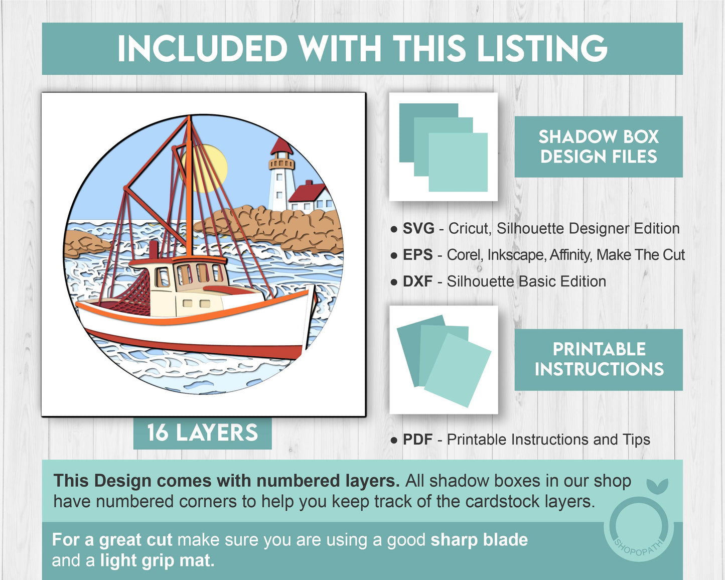 3D Boat Shadow Box SVG with Lighthouse Nautical Layered Design for Cricut and Silhouette with DXF, EPS Cutting Files