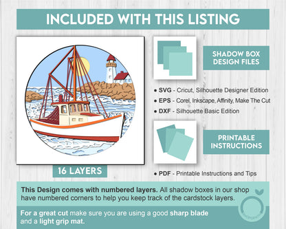 3D Boat Shadow Box SVG with Lighthouse Nautical Layered Design for Cricut and Silhouette with DXF, EPS Cutting Files