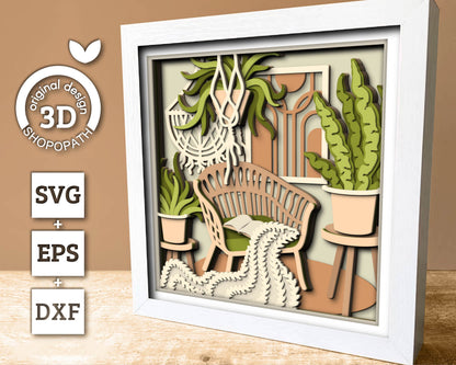 3D Boho Chair Shadow Box, Boho Room Shadow Box, SVG Layered Boho SVG, Boho Plants 3D Svg, 3D Boho Cats SVG, Papercut svg, Cricut Silhouette
